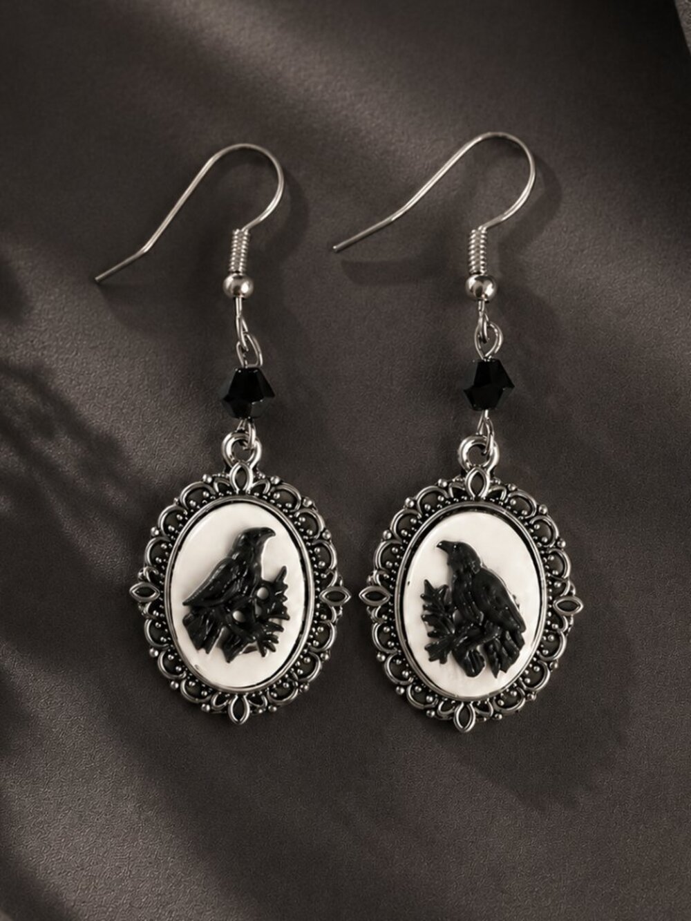 ✨ Gothic Raven Cameo Drop Earrings Victorian Black & White Statement Jewelry